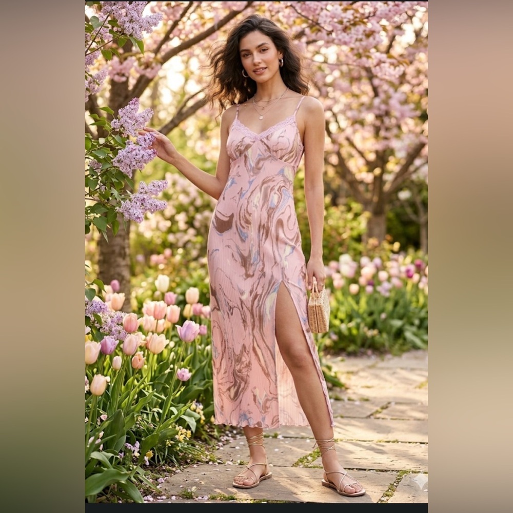 Pink Marble-Print Midi Slip Dress with Side Slit
